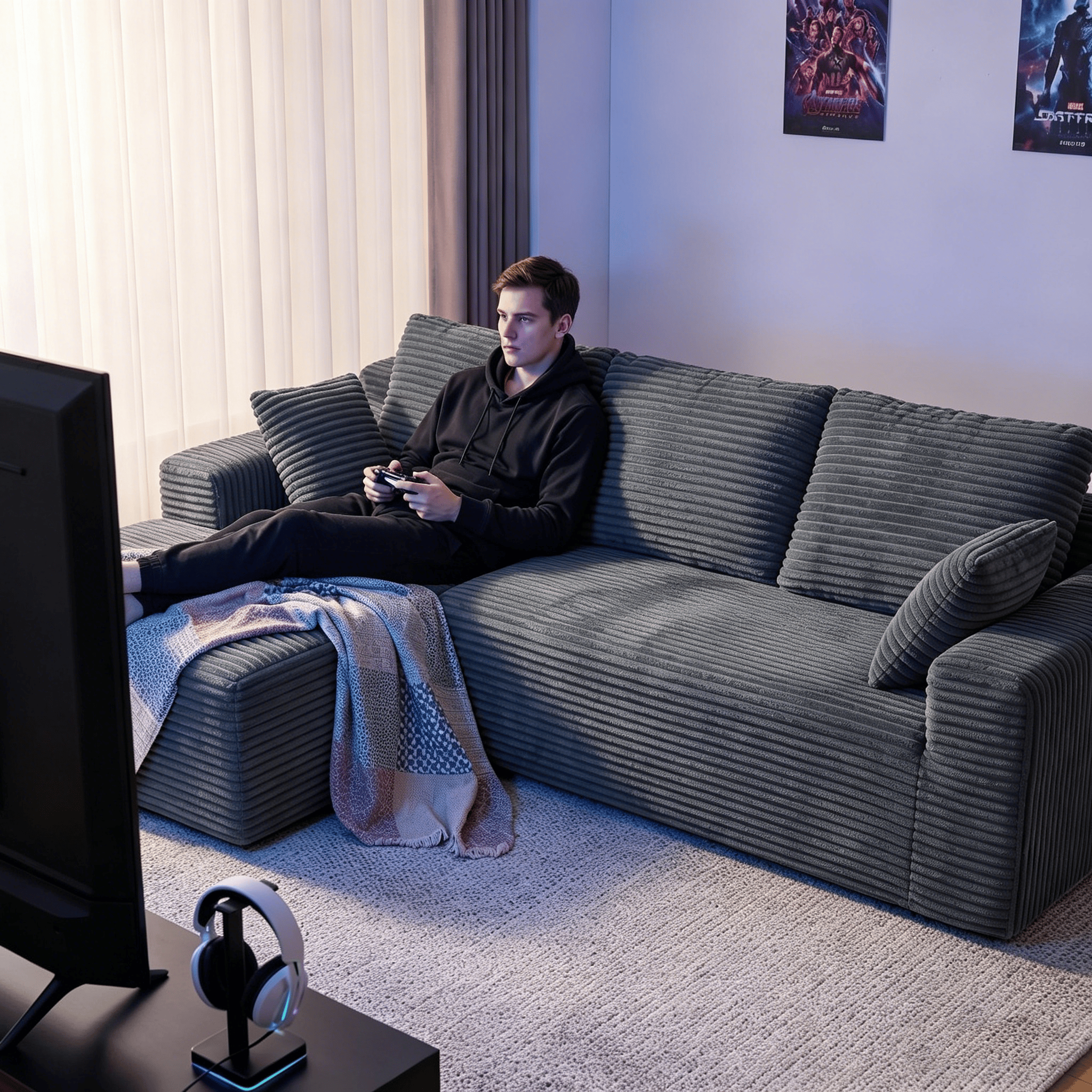 CyberCart Ares Minimalist 2-Seater Sofa Corduroy L-Shaped Gaming & Home Theater Sofa | No-Assembly 4-Seater Sectional with Chaise Longue | 263cm Deep Seat for Immersive Marathon Sessions | Grey