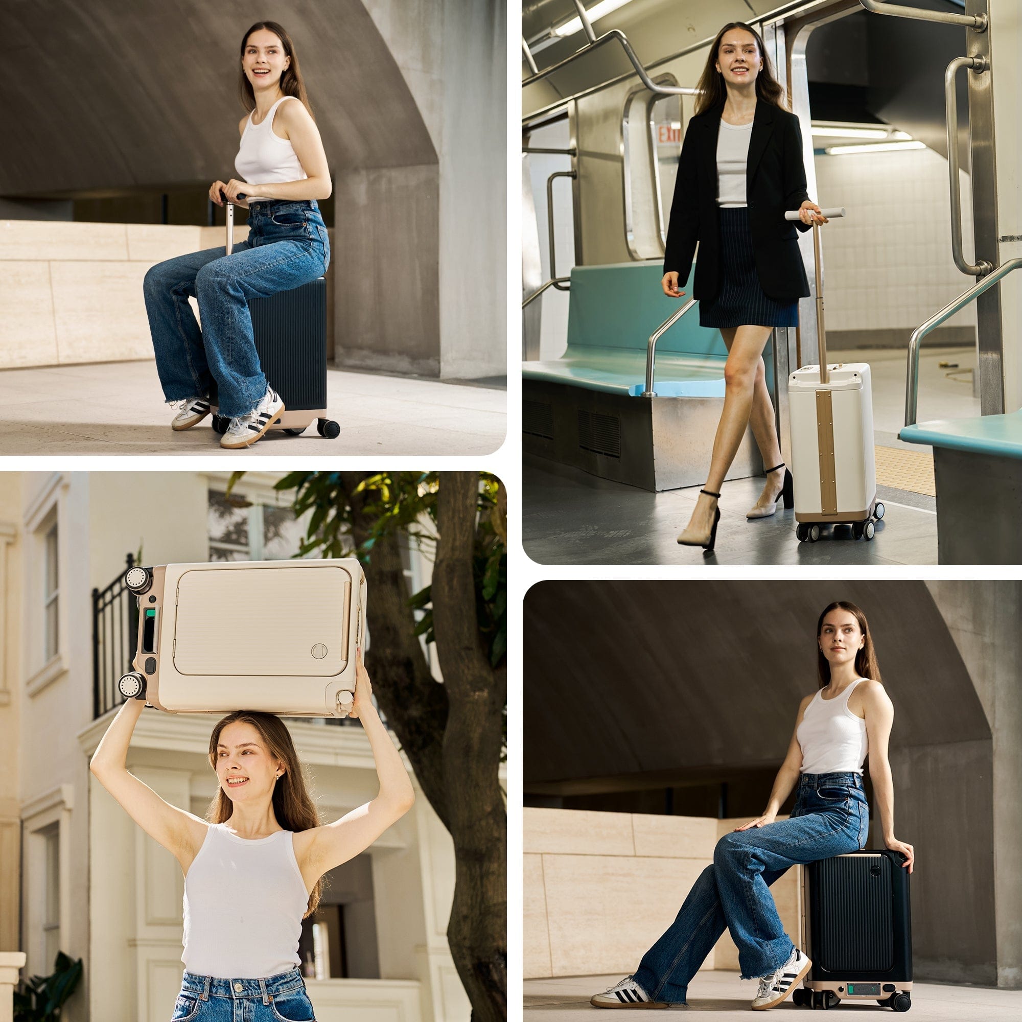 A woman is showcased in various settings with a modern suitcase. She is sitting on the suitcase in casual jeans and a tank top, confidently walking with it on a subway platform in a blazer and skirt, and playfully holding it above her head outdoors. The suitcase is compact and features a sleek design.