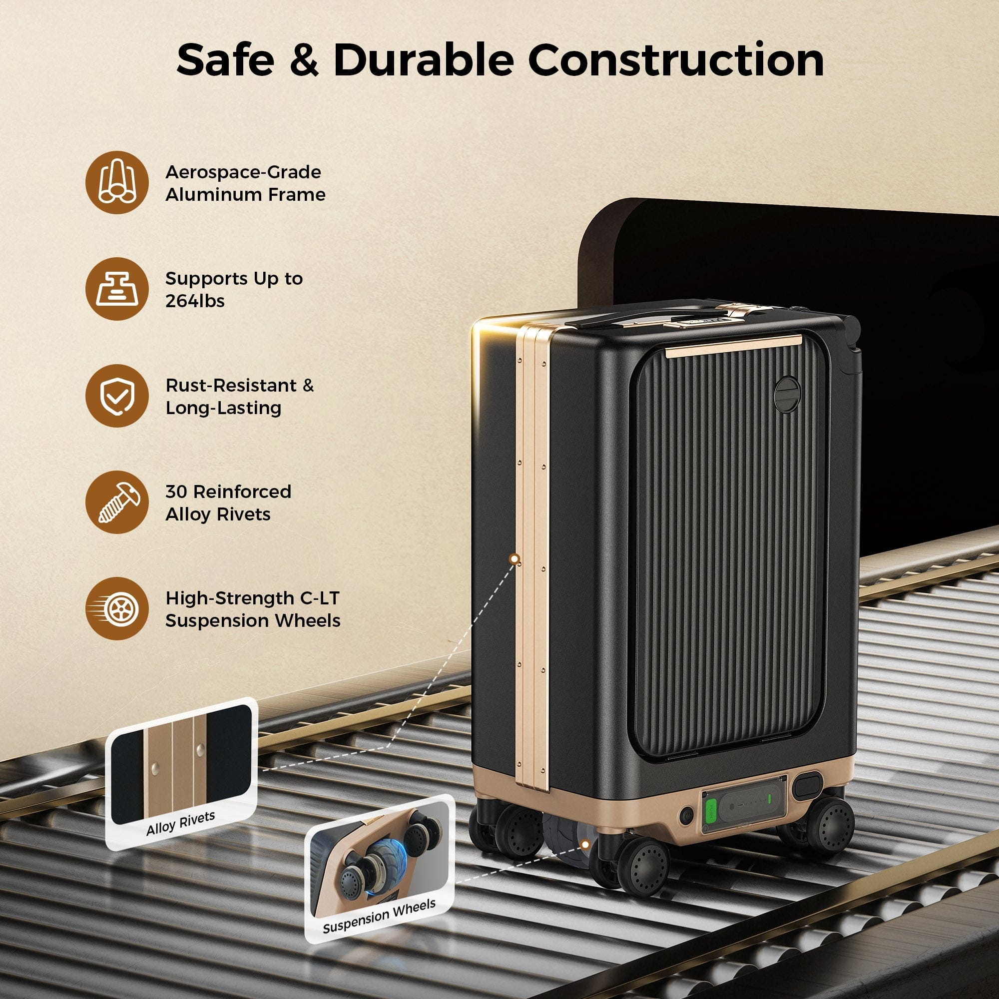 A black and gold suitcase showcasing its features, including aerospace-grade aluminum frame, support for up to 264 lbs, rust resistance, 30 reinforced alloy rivets, and high-strength C-LT suspension wheels, on a rail track background.