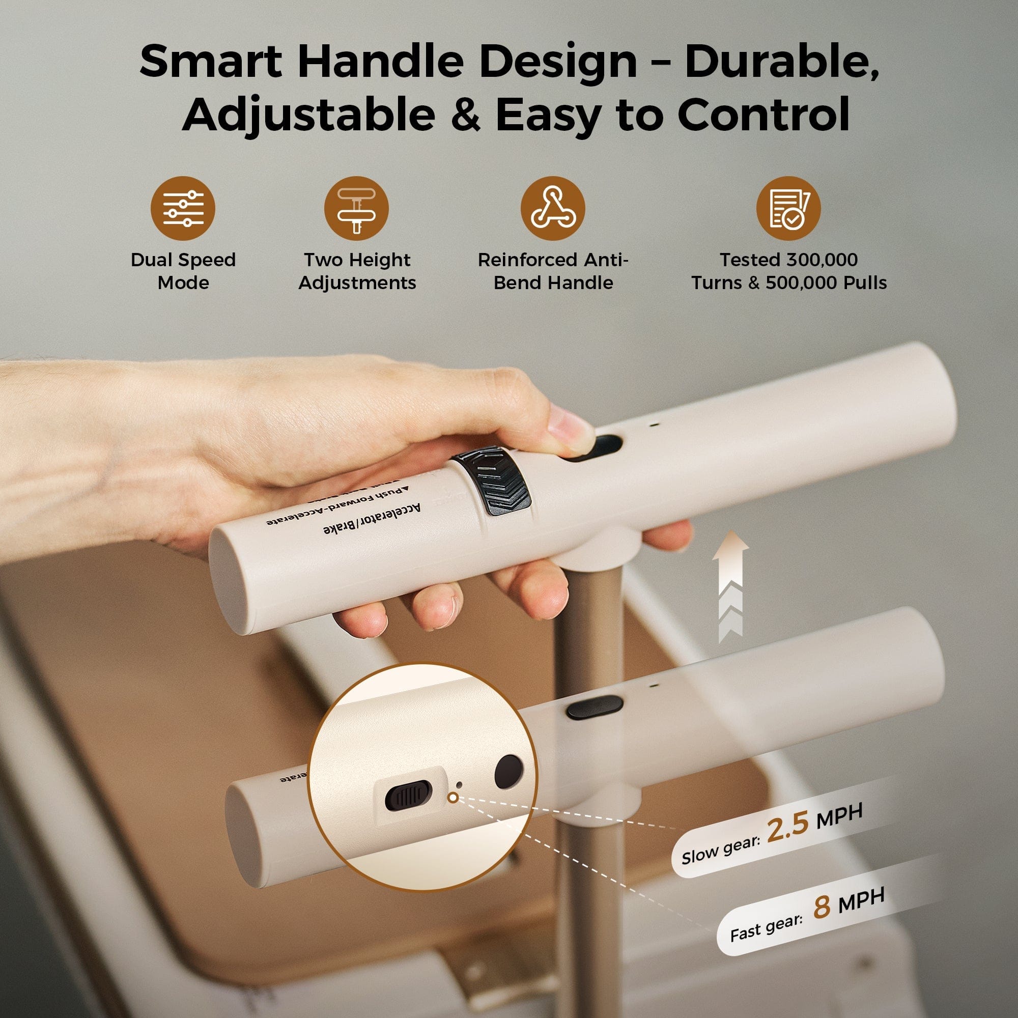 A hand adjusts a beige smart handle with a sleek design, featuring dual speed mode and two height adjustments. The handle is reinforced to prevent bending and has been tested for durability. A close-up shows a speed switch, indicating slow gear at 2.5 MPH and fast gear at 8 MPH.