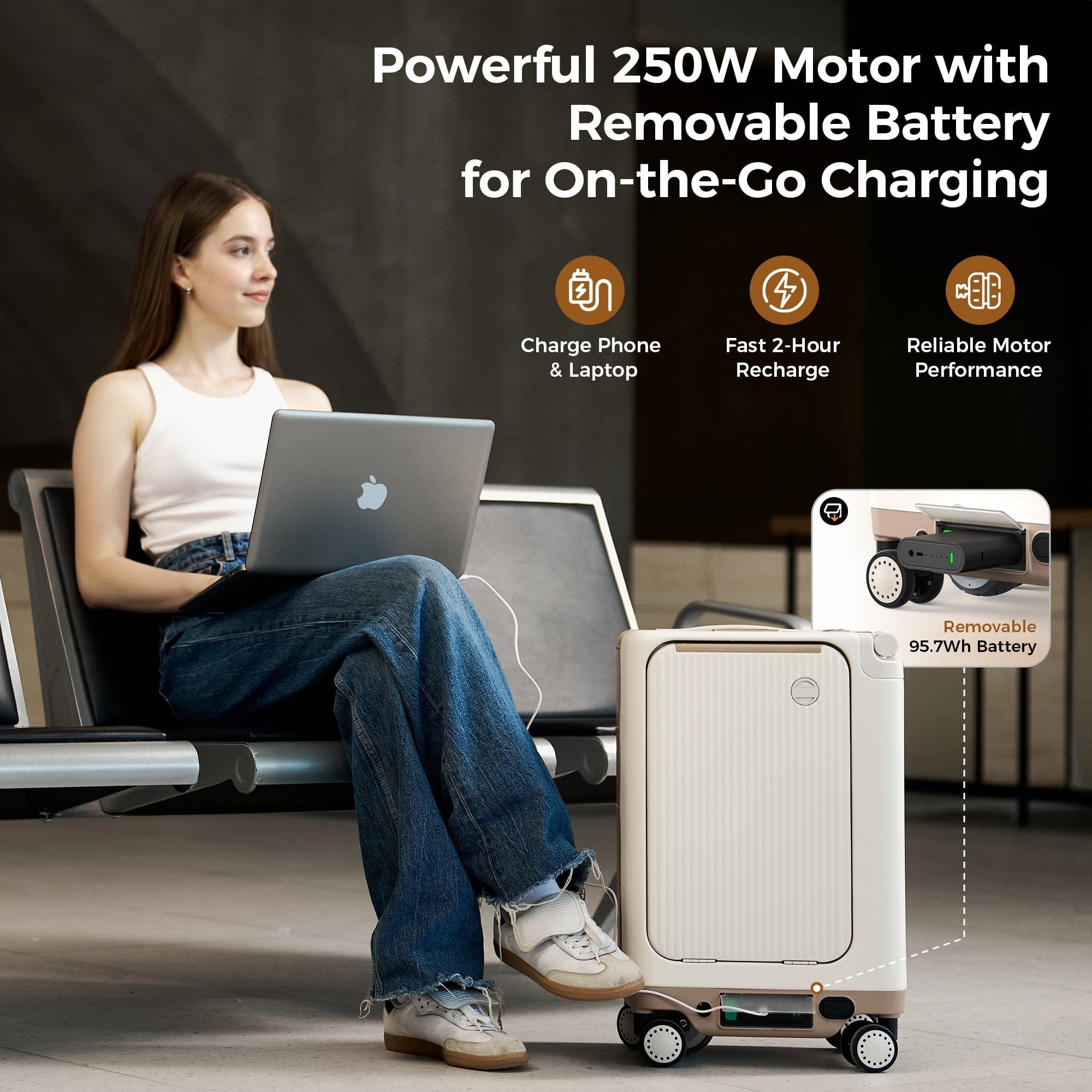 A woman sits on an airport bench using a laptop connected to a smart suitcase. The suitcase features a powerful 250W motor with a removable 95.7Wh battery, suitable for on-the-go charging. The setting suggests a modern travel environment.