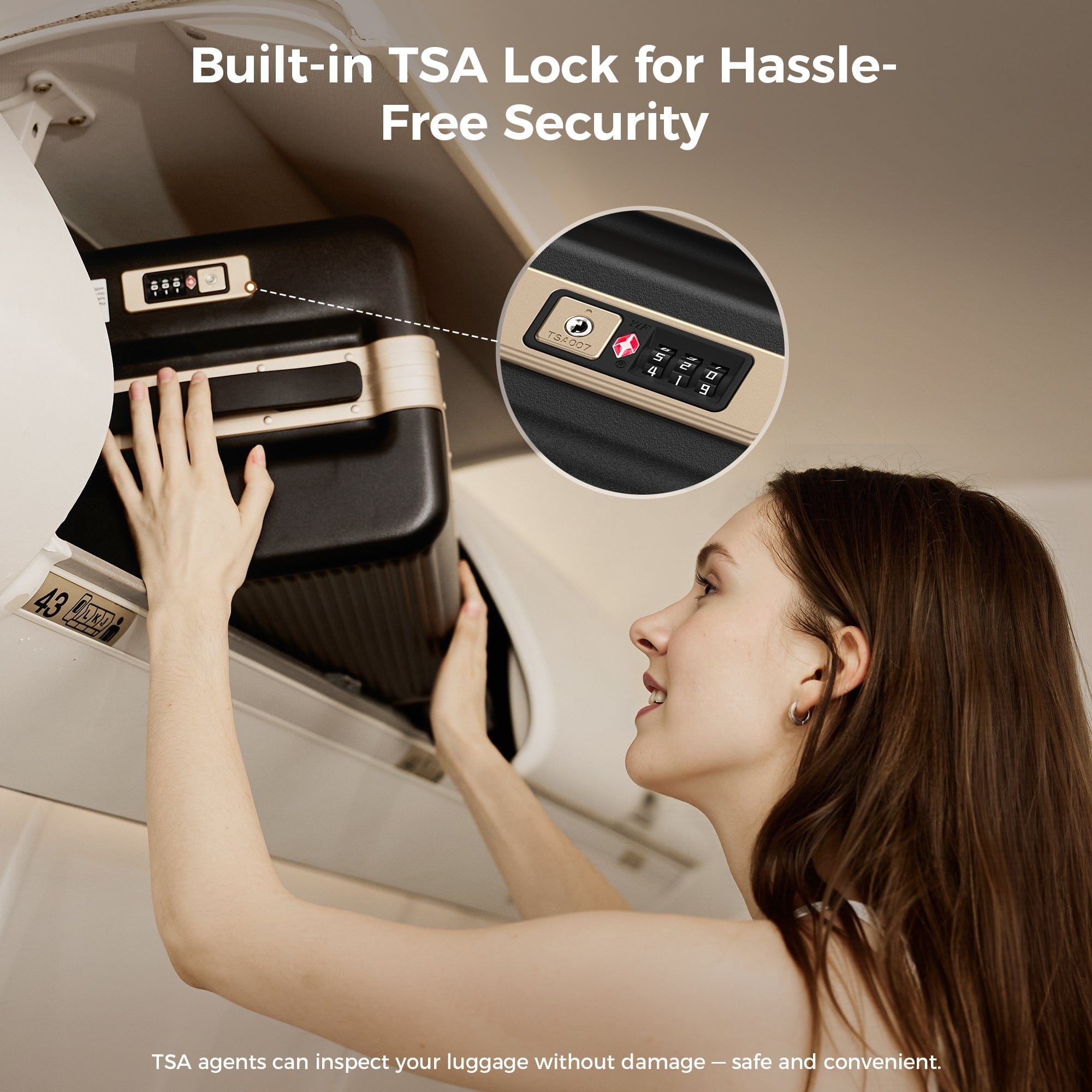 A woman placing a suitcase with a built-in TSA lock into an overhead cabin on an airplane. The suitcase features a digital lock panel, ensuring security. The image includes text promoting hassle-free security for travelers.