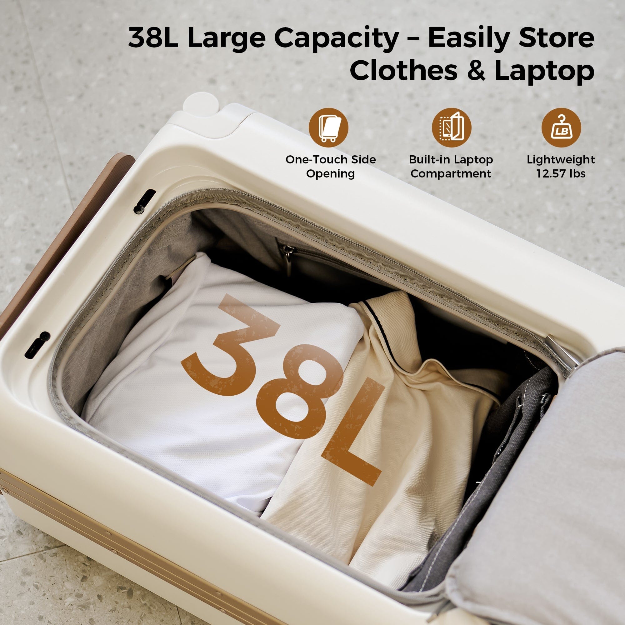 An open storage container displaying clothing inside, with a visible label reading '38L'. The container features a side opening and a compartment for a laptop, highlighted on a light surface.