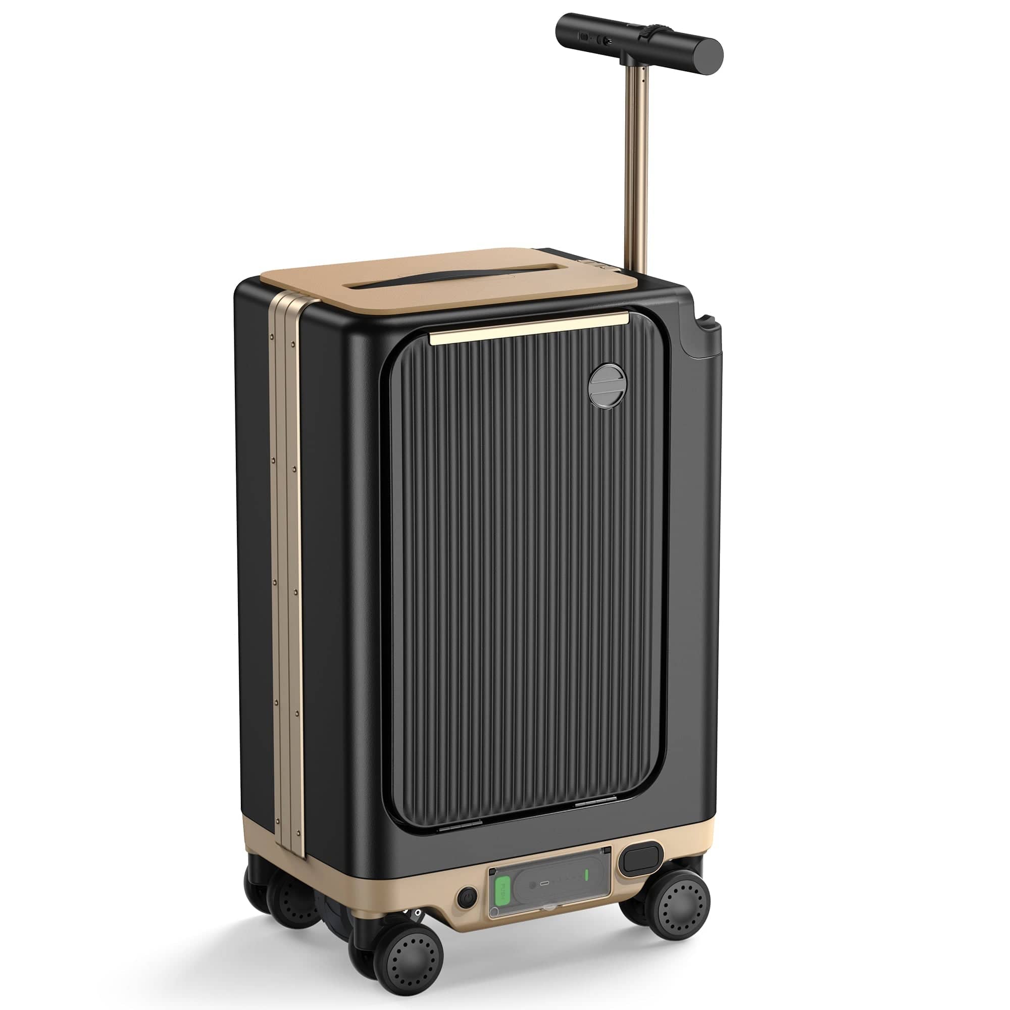 A compact black suitcase with gold accents, featuring a retractable handle and four wheels for mobility. The suitcase has a ribbed texture and a digital control panel near the base.