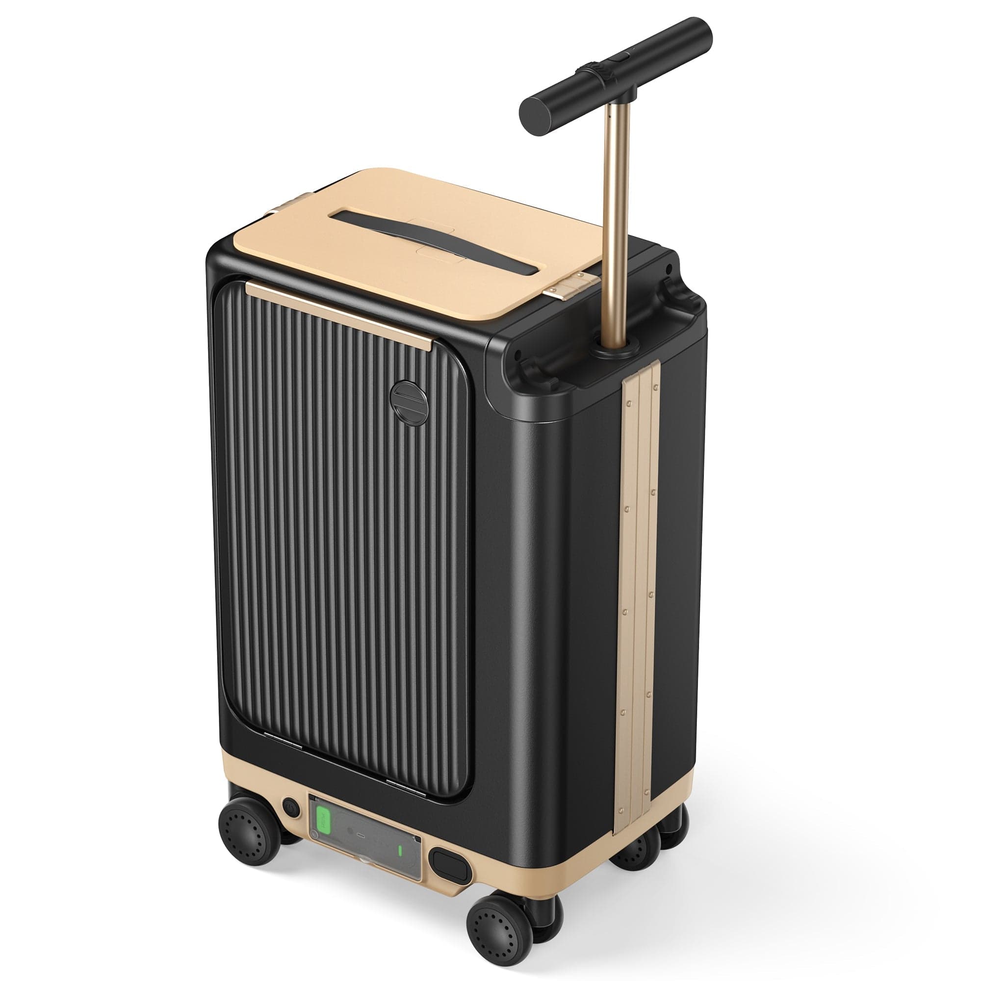 A black and gold hard-shell carry-on suitcase with a telescoping handle, ridged surface design, and four wheels, positioned upright on a white background.