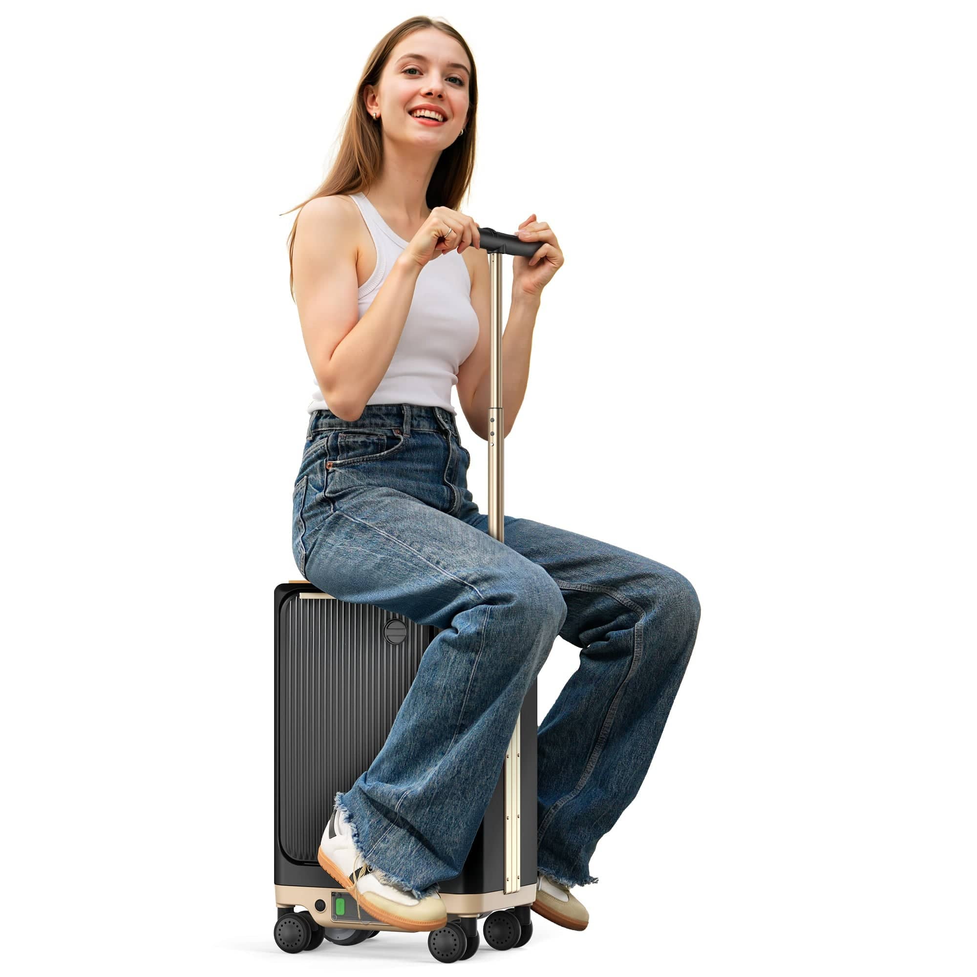 A woman sitting on a ride-on electric luggage in an urban setting. The luggage features a handle and wheels, with statistics displayed including a 250W motor, 8 MPH max speed, 9 miles range, 38L capacity, 264 lbs max load, and a 95.7 WH removable battery.
