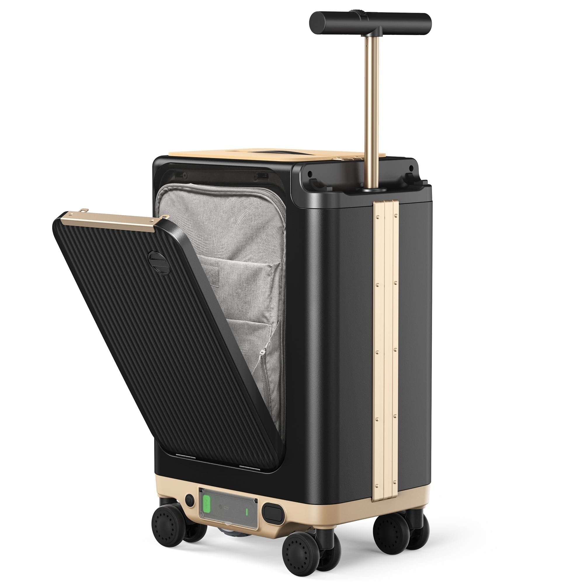 A modern suitcase with a gold and black design, partially opened to show a gray interior. The suitcase has a retractable handle and four wheels for easy mobility.