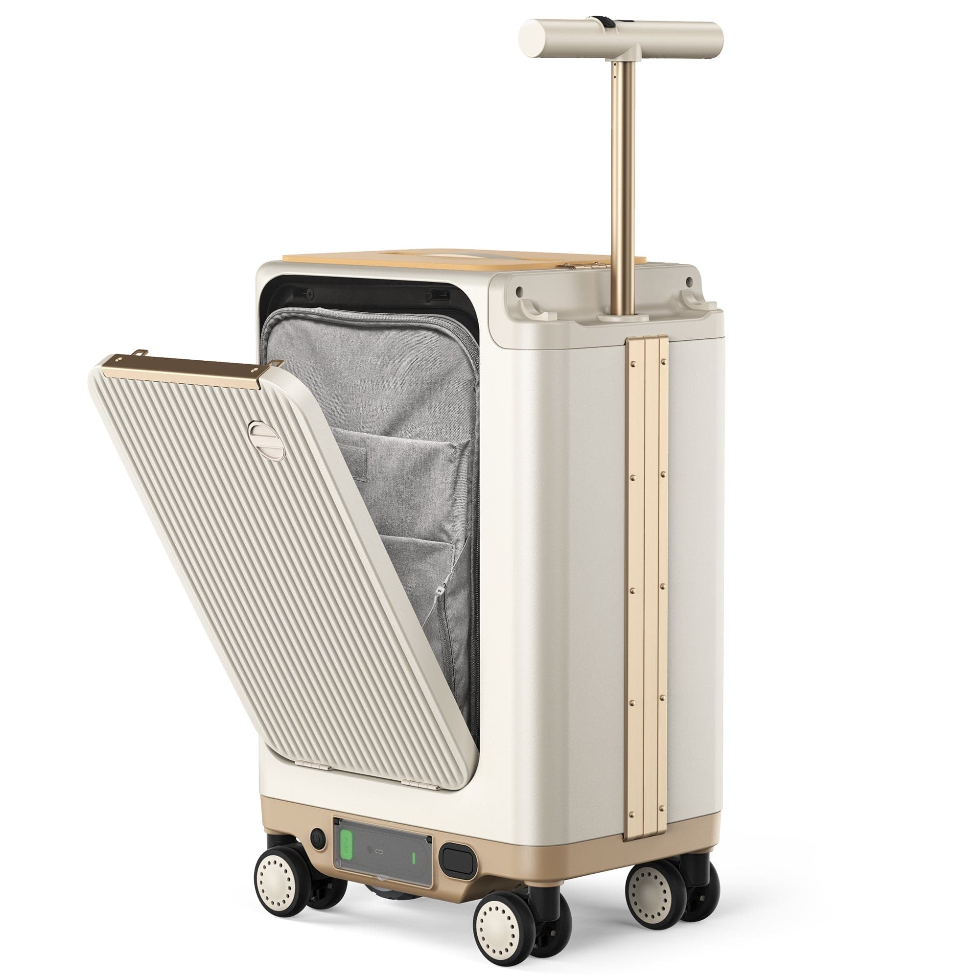 A modern hard-shell suitcase with an open lid revealing a gray interior. The suitcase has a retractable handle and four wheels for mobility. Its exterior features a sleek design with gold trim.