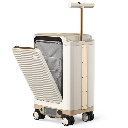 A modern hard-shell suitcase with an open lid revealing a gray interior. The suitcase has a retractable handle and four wheels for mobility. Its exterior features a sleek design with gold trim.