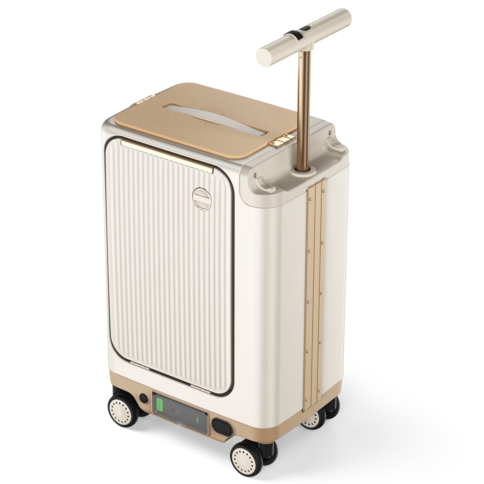 A modern, compact suitcase with a gold and white design, featuring a telescoping handle and four wheels, positioned upright against a plain background.