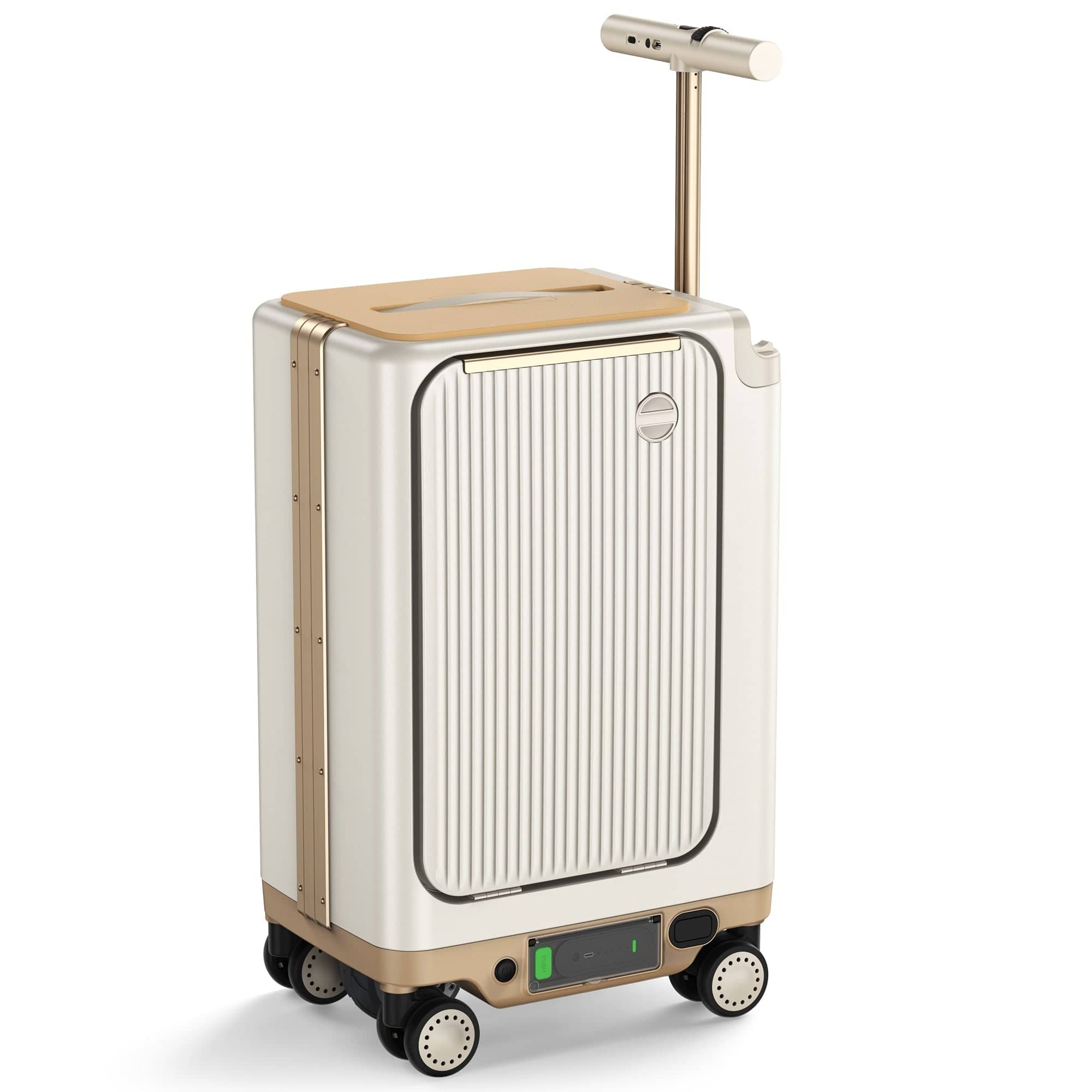 A stylish white luggage with gold accents, featuring a ribbed design, a retractable handle, and four wheels for mobility. It has a charging port on the front.