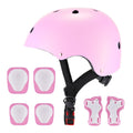A pink safety helmet with black straps is accompanied by four matching pink and white knee or elbow pads and two wrist guards, all designed for protective sports gear.