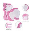 A set of pink protective gear, including knee and elbow pads with white hard PE shells, is displayed. The gear features adjustable bands, a shockproof EVA liner, and breathable elastic cloth for comfort.