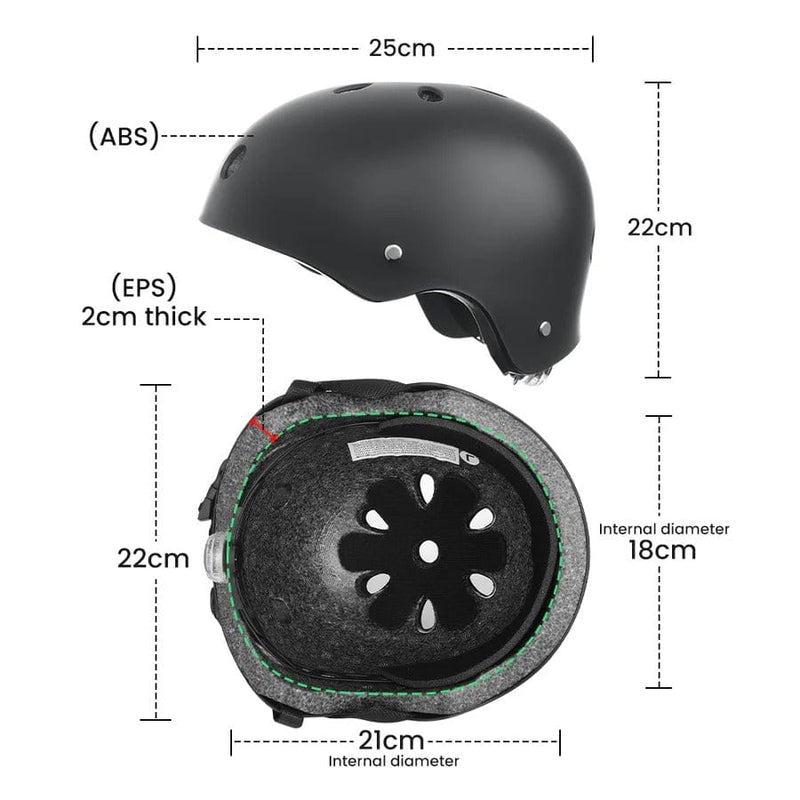 A black helmet is shown from the side and interior views, with measurements indicating it is 25cm long and 22cm tall. The outer shell is made of ABS material, while the interior features a 2cm thick EPS lining. The internal diameters are noted as 18cm and 21cm.