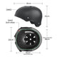 A black helmet is shown from the side and interior views, with measurements indicating it is 25cm long and 22cm tall. The outer shell is made of ABS material, while the interior features a 2cm thick EPS lining. The internal diameters are noted as 18cm and 21cm.