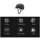 A black helmet is shown above a set of six icons illustrating its features, including a hard shell, slow earthquake resistance, aeration, floodlight, taillight warning, and lining.