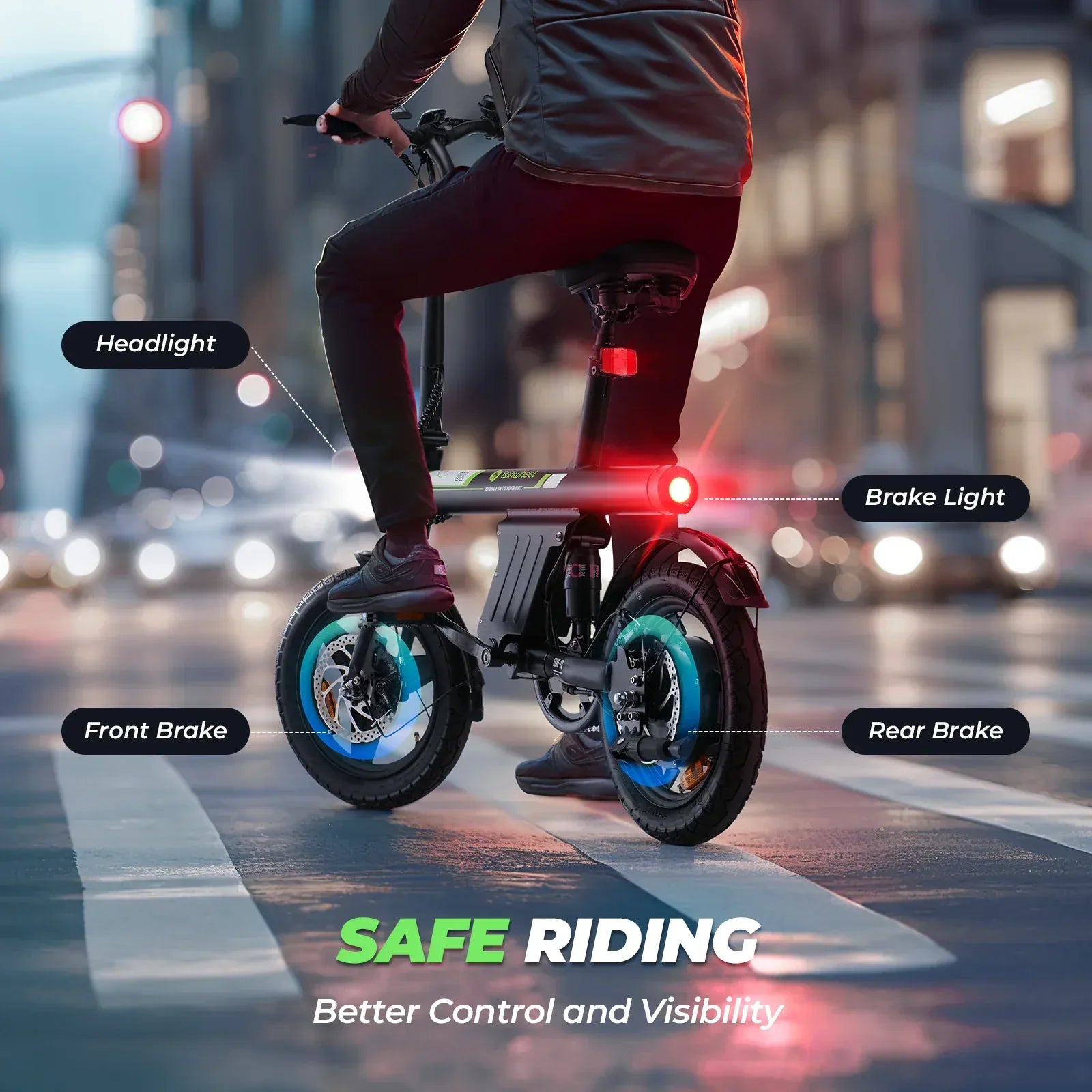 A person rides a compact electric bike across a city street at dusk, showcasing features like a headlight, brake light, and front and rear brakes. The glowing lights emphasize safety and visibility, with the text "SAFE RIDING: Better Control and Visibility" in the foreground.