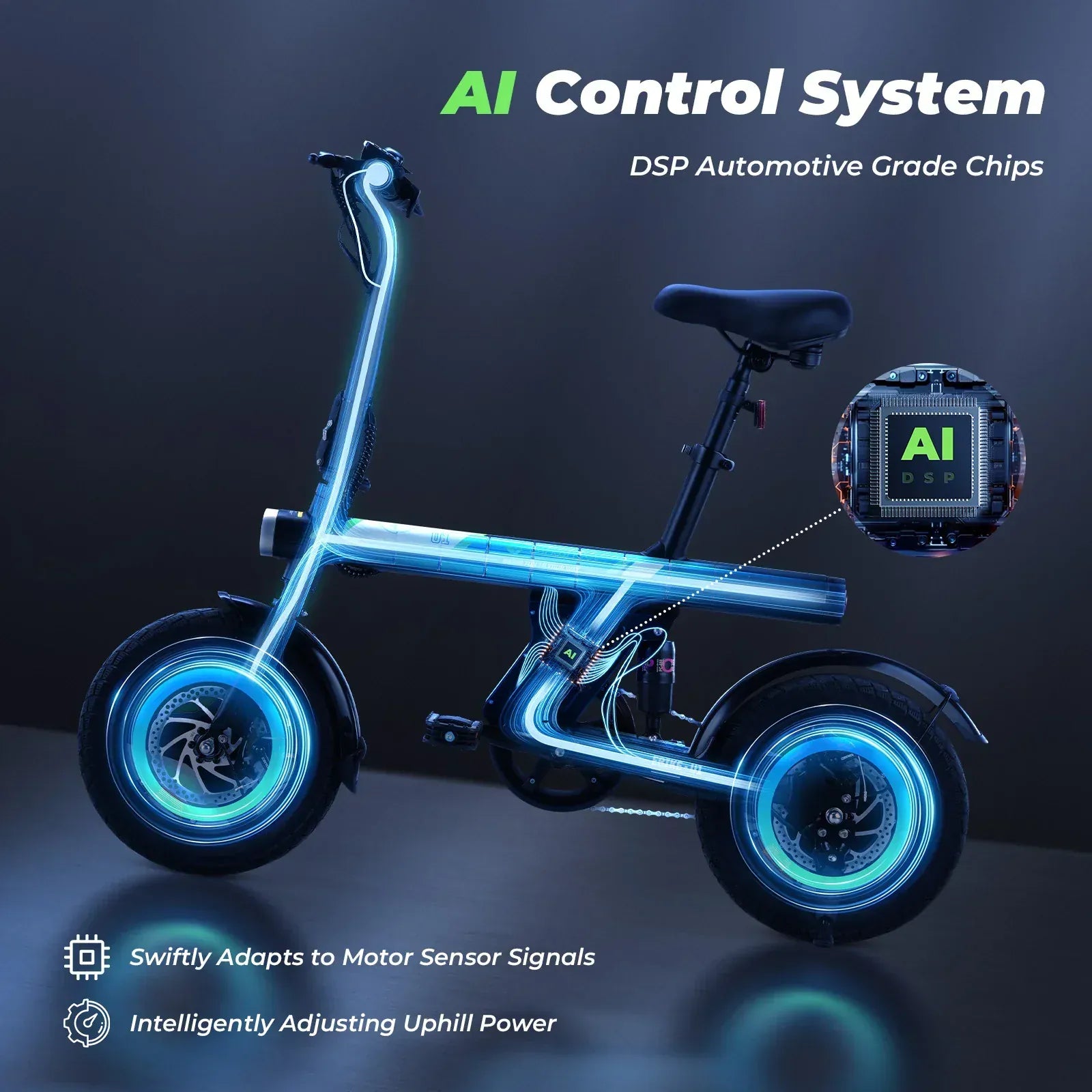 A futuristic electric bike is highlighted, featuring glowing blue lines illustrating an AI control system with DSP automotive-grade chips. The design emphasizes its ability to swiftly adapt to motor sensor signals and intelligently adjust uphill power.