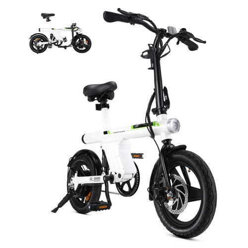 A white folding electric bike with black handlebars and wheels is shown in two views. The bike features a sturdy frame, a comfortable black seat, and a front headlight.