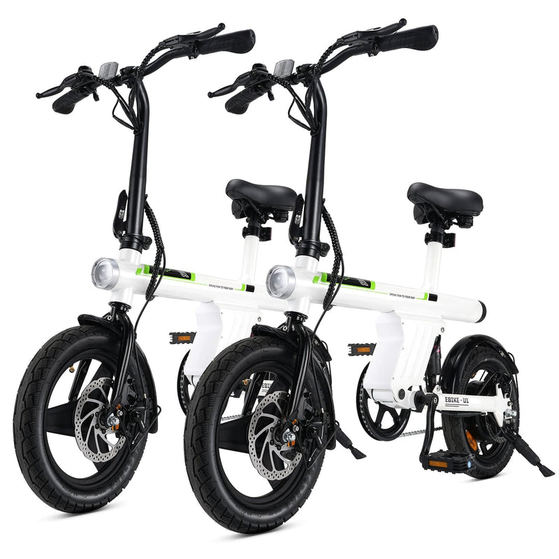 Two sleek, white folding electric bikes with black handlebars and wheels are positioned side by side. They feature disc brakes, LED front lights, and a compact design suitable for urban commuting.