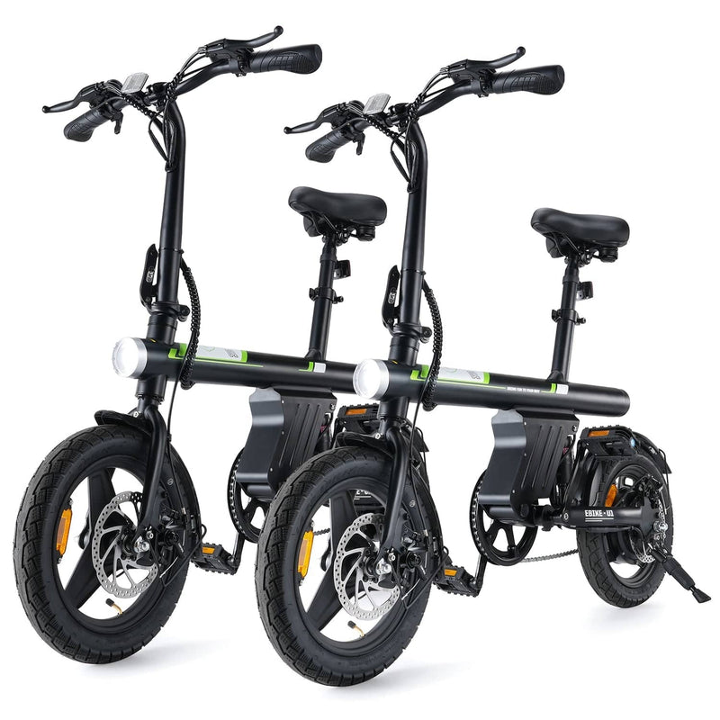 Two sleek black folding electric bikes are positioned side by side, featuring compact frames, thick tires, and visible disc brakes. Each bike has a sturdy black seat and handlebars equipped with controls, with a battery mounted on the frame.