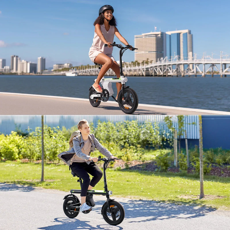 Two people ride electric bikes in separate settings. The top image shows a person in a helmet riding along a waterfront with city buildings in the background. The bottom image features another person cycling in a park-like area, surrounded by greenery and a modern building. Both riders appear relaxed and are enjoying the sunny day.