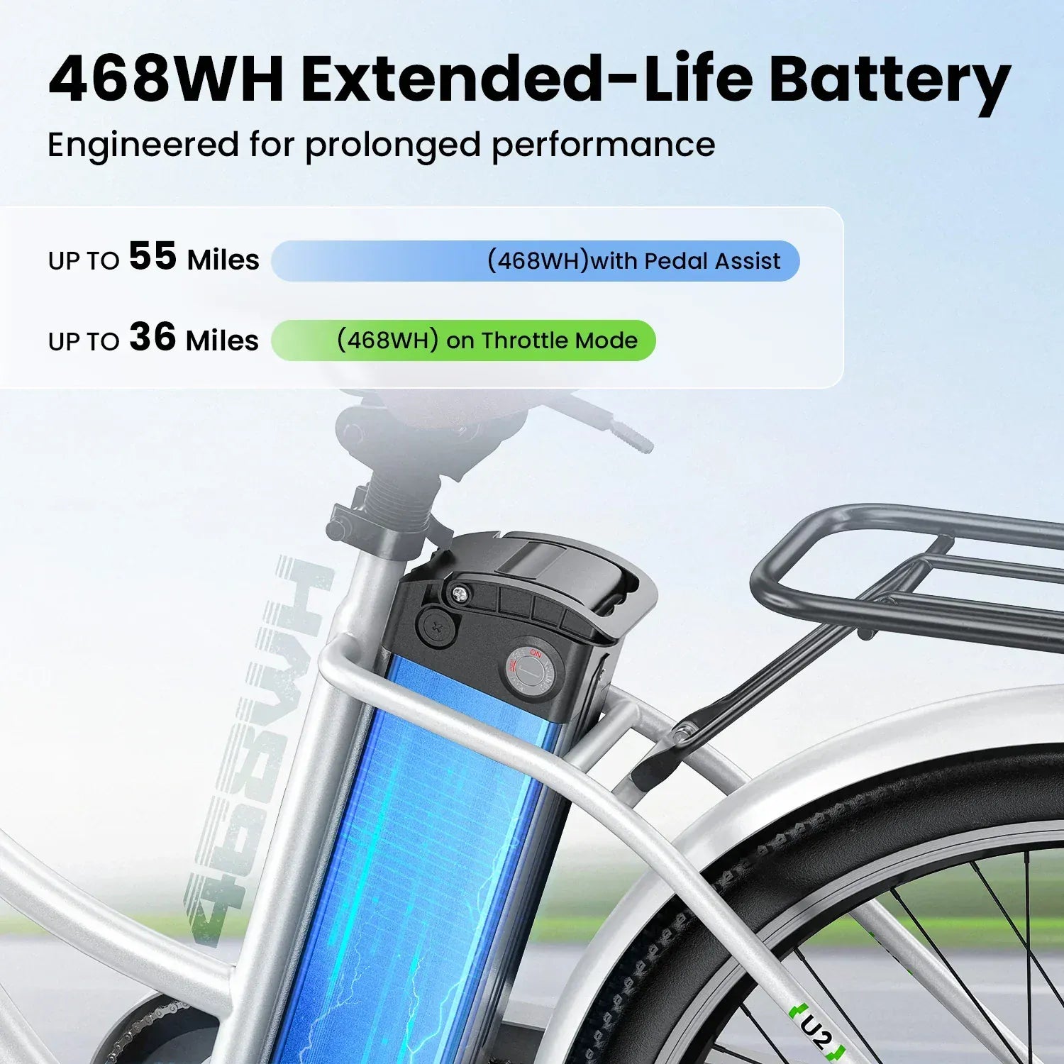 A close-up of an electric bike's 468WH extended-life battery, showcasing its sleek design with a blue casing. The image highlights the battery's performance, offering up to 55 miles with pedal assist and up to 36 miles on throttle mode. The bike frame is silver, and a rear rack is visible above the battery.