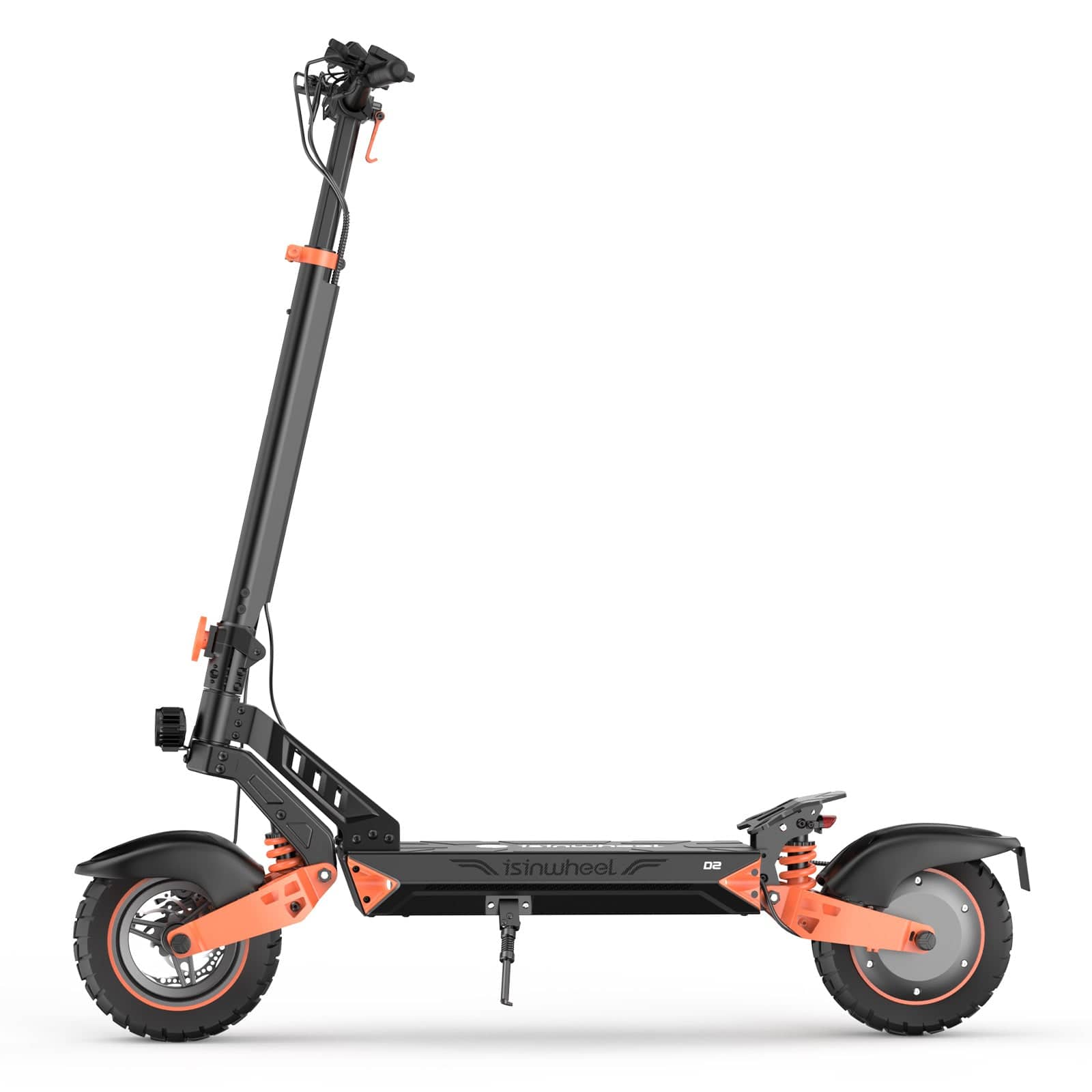 A black and orange electric scooter D2 with a sturdy frame, wide tires, and a height-adjustable handlebar, positioned against a white background.