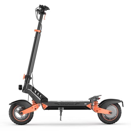 A black and orange electric scooter D2 with a sturdy frame, wide tires, and a height-adjustable handlebar, positioned against a white background.