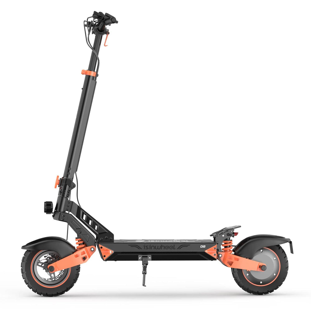 A black and orange electric scooter D2 with a sturdy frame, wide tires, and a height-adjustable handlebar, positioned against a white background.