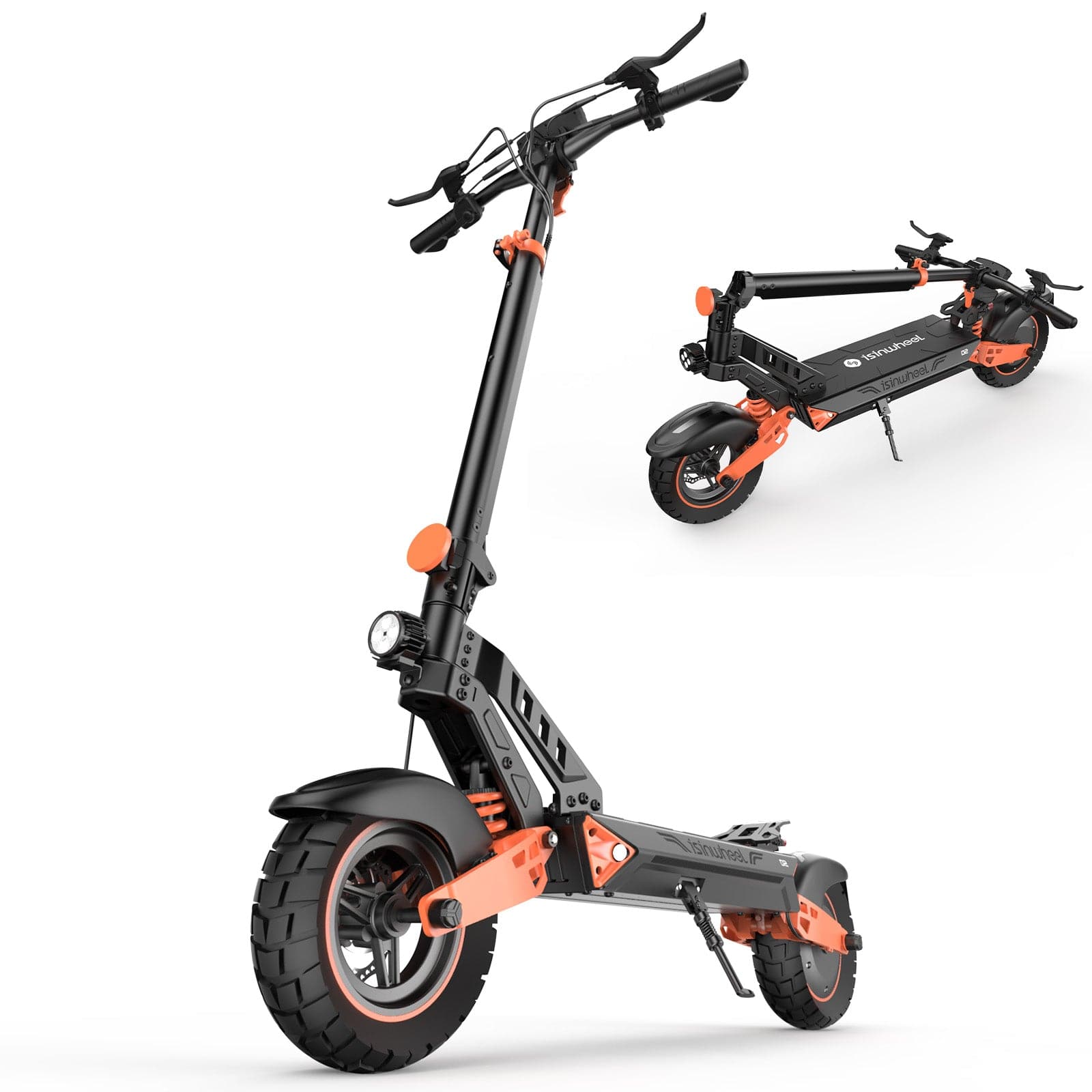 An electric scooter D2 in a standing position, showcasing a sleek black frame with orange accents. The scooter features a robust tire design and has a compact version displayed beside it, highlighting its foldable capability.