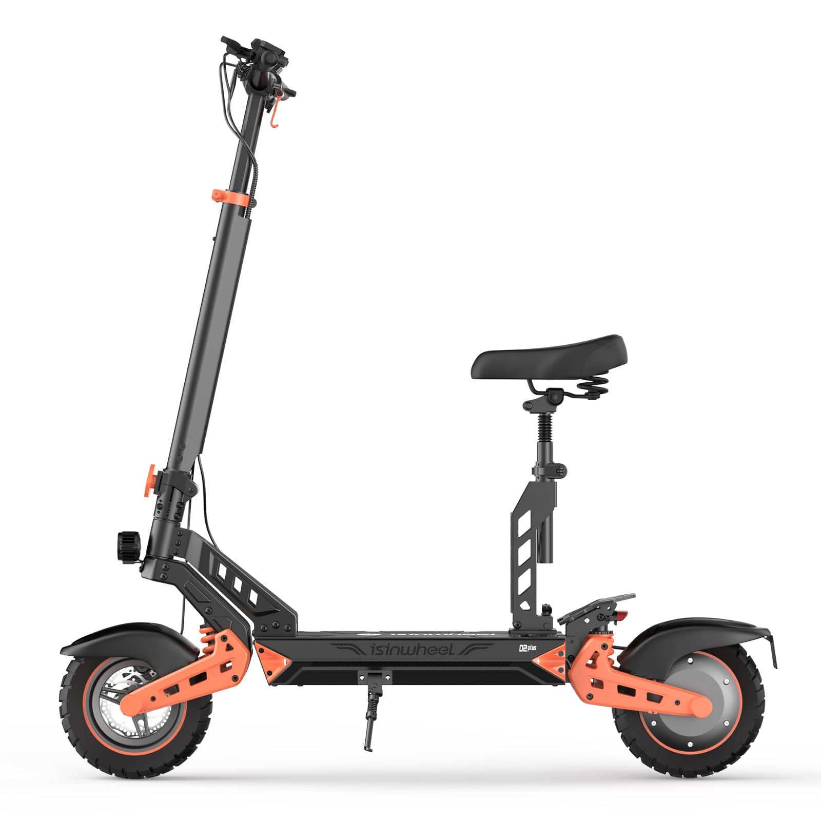 A sleek electric scooter D2 plus with a black and orange design, featuring a comfortable seat and sturdy frame, is shown in a side view. The scooter has large, rugged tires and a kickstand, suggesting it's built for durability and versatility.