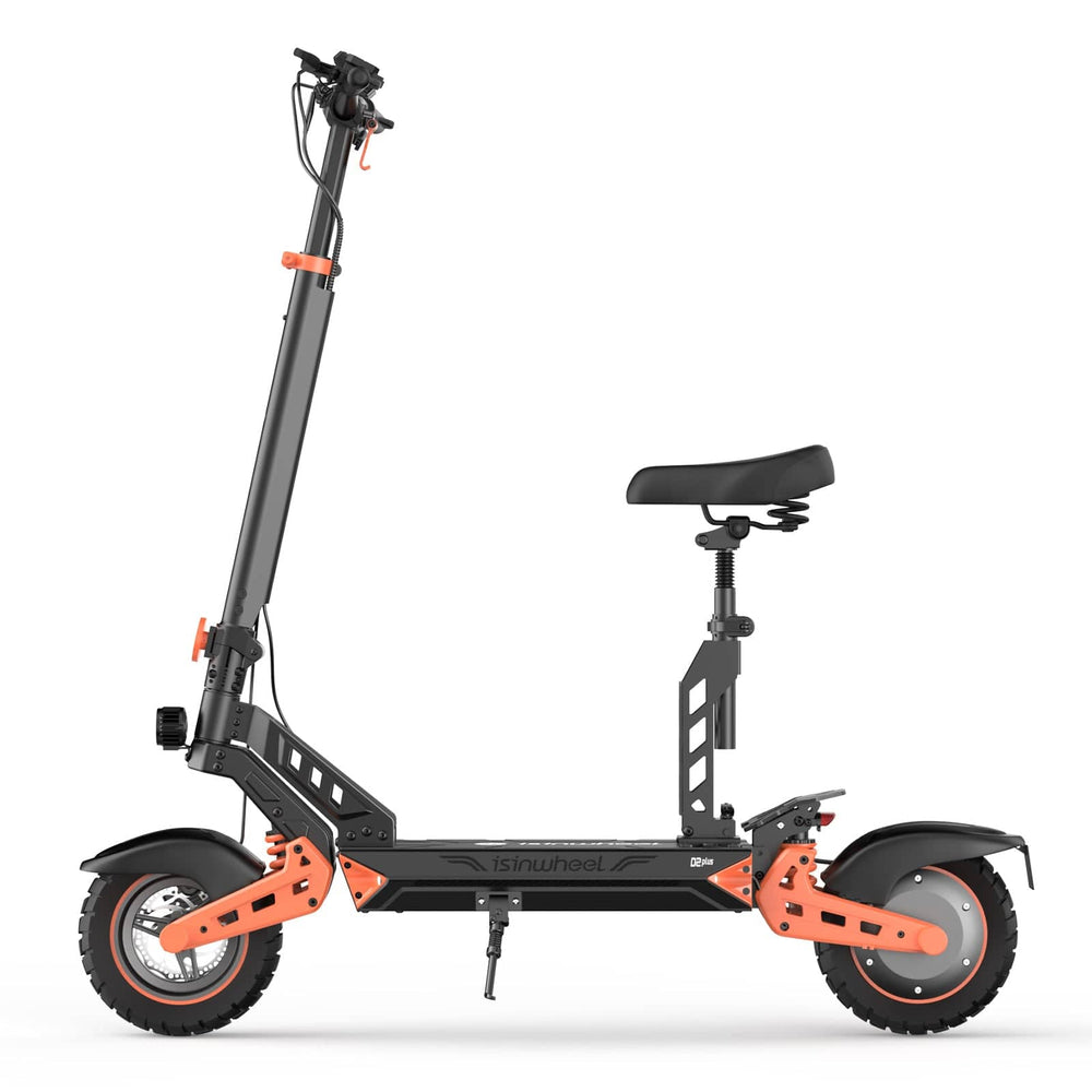 A sleek electric scooter D2 plus with a black and orange design, featuring a comfortable seat and sturdy frame, is shown in a side view. The scooter has large, rugged tires and a kickstand, suggesting it's built for durability and versatility.
