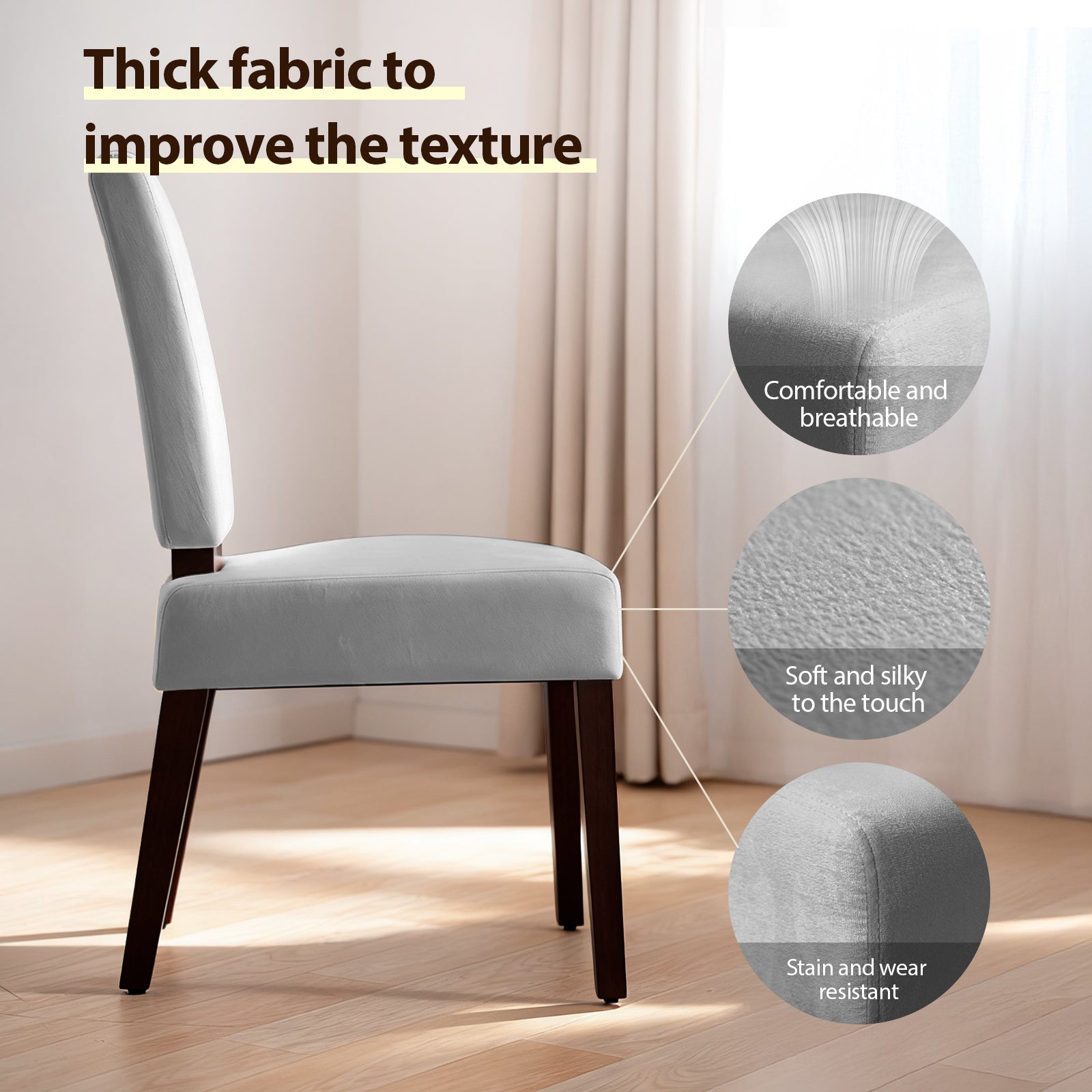 A side view of a light gray upholstered chair with dark wooden legs is shown in a well-lit room with wooden flooring and beige curtains. Text highlights the fabric's qualities: comfortable and breathable, soft and silky to the touch, and stain and wear resistant.