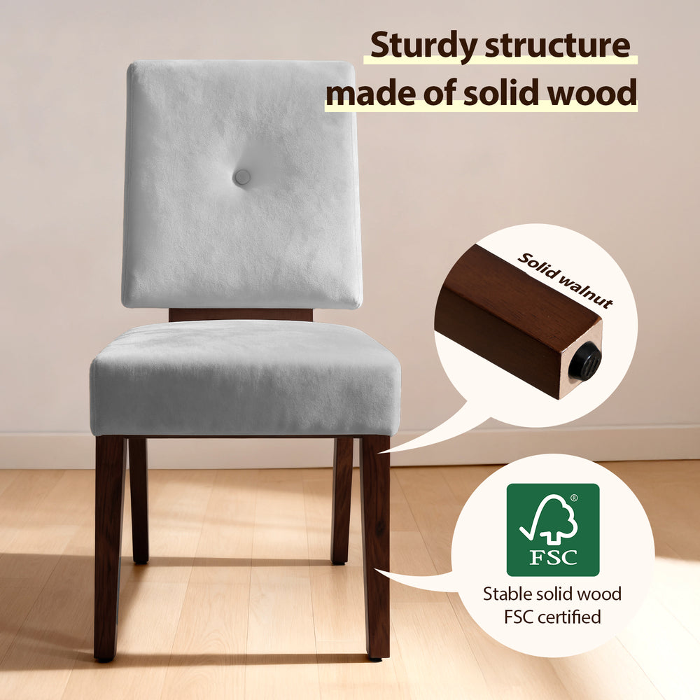 A modern chair with a plush gray cushion and solid walnut wooden legs is showcased on a light wood floor. Text highlights its sturdy structure and FSC certification for sustainable wood use.