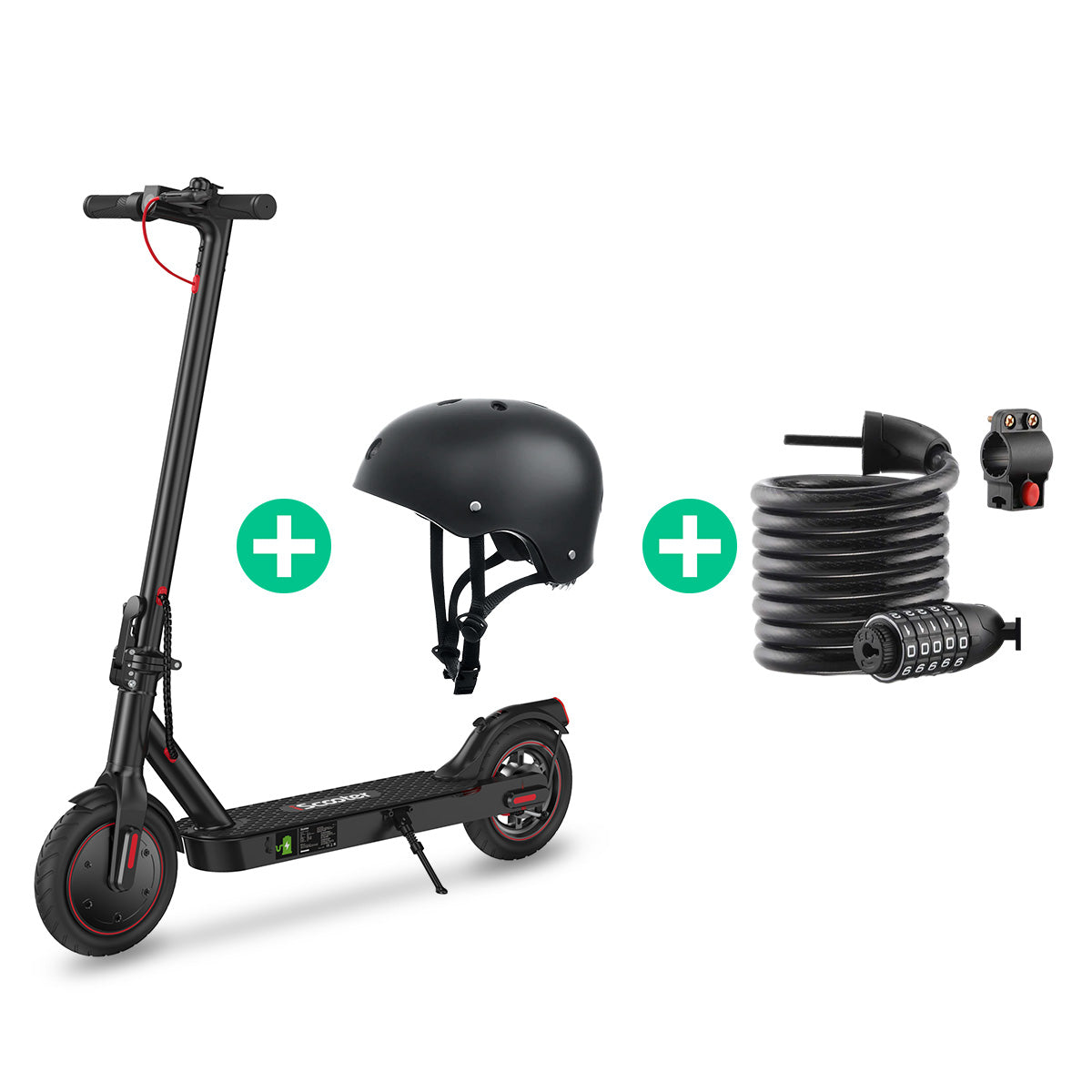 Black electric scooter i8 with helmet, lock, and cable on a white background