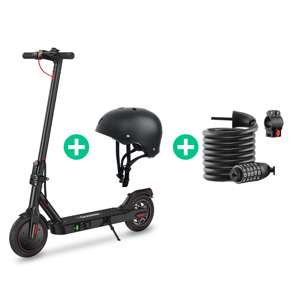 Black electric scooter i8 with helmet, lock, and cable on a white background