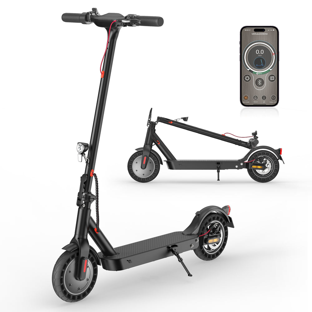 Black electric scooter with a smartphone displaying app interface on a white background