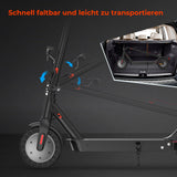 Foldable electric scooter being shown in a car trunk with text indicating ease of folding and transport.