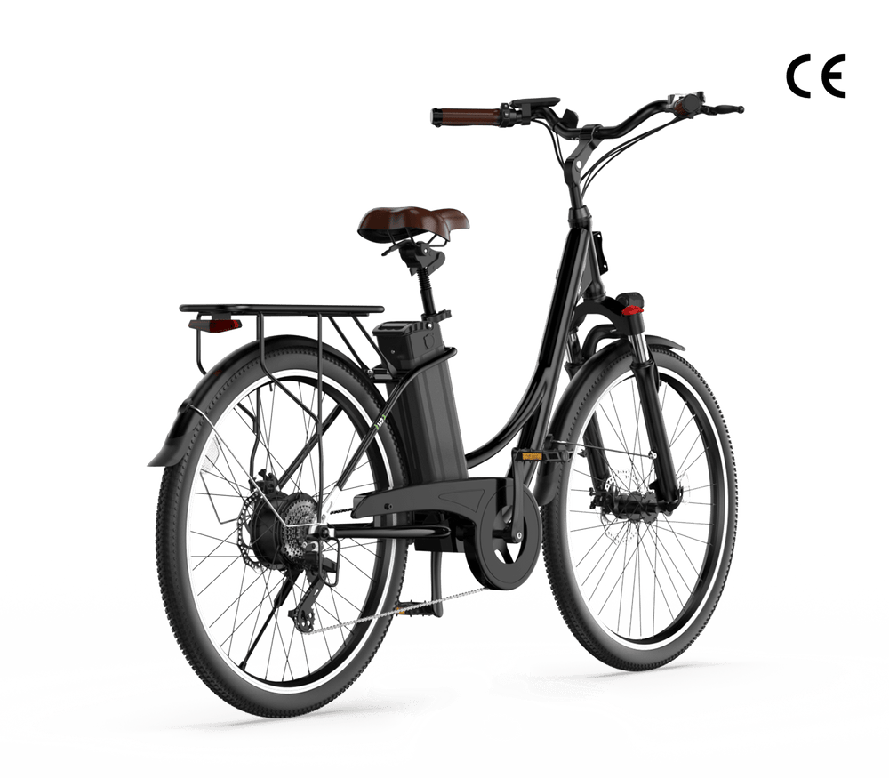 A sleek black electric bicycle with a brown leather saddle, featuring a rear-mounted battery and a sturdy rear rack, is shown against a plain background.