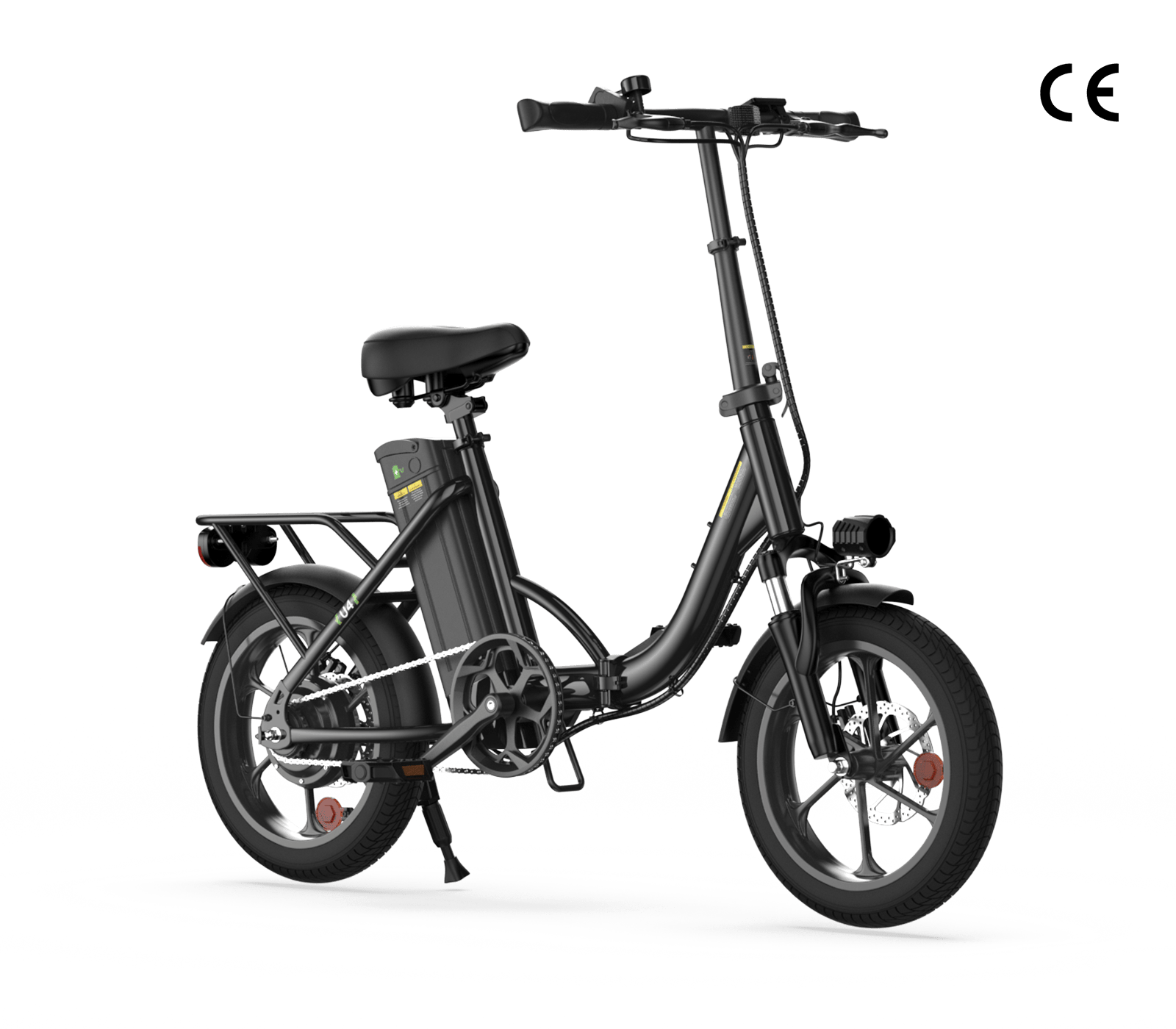 A sleek black folding electric bike with a compact frame, featuring a cushioned seat, sturdy rear rack, and thick tires. The bike is equipped with a battery mounted behind the seat and a small front headlight.