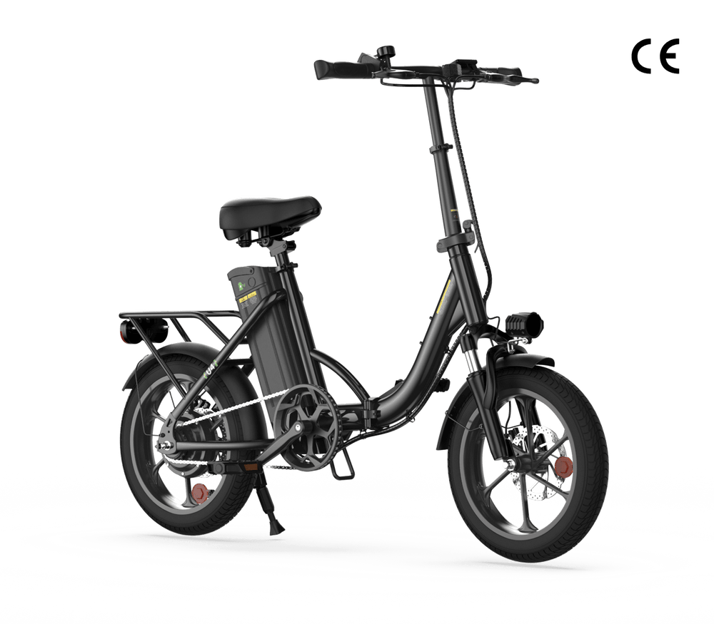A sleek black folding electric bike with a compact frame, featuring a cushioned seat, sturdy rear rack, and thick tires. The bike is equipped with a battery mounted behind the seat and a small front headlight.