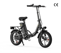 A sleek black folding electric bike with a compact frame, featuring a cushioned seat, sturdy rear rack, and thick tires. The bike is equipped with a battery mounted behind the seat and a small front headlight.