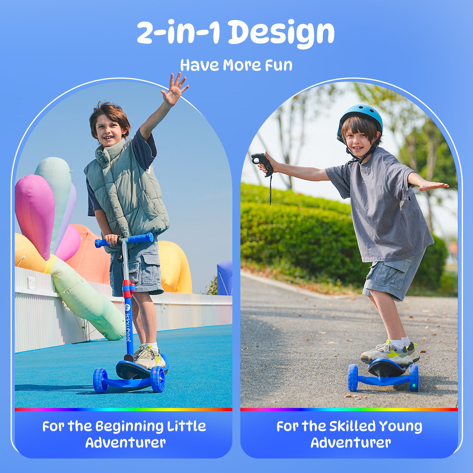 Side view of the MiniSpider 2-in-1 children's electric scooter, showing the foldable design