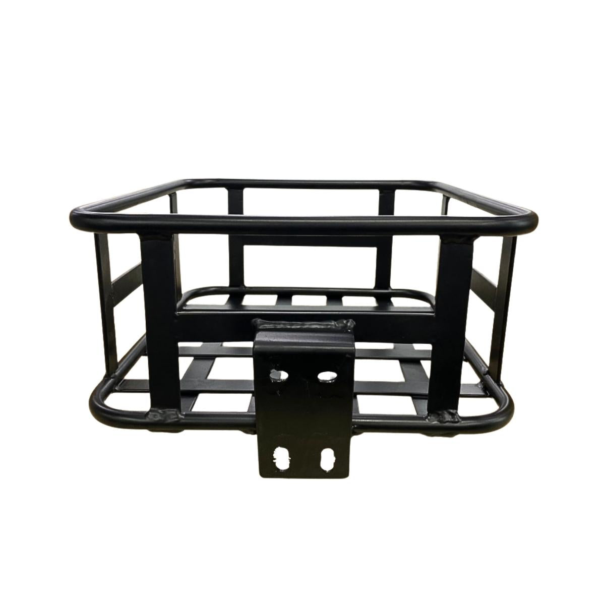 A black metal hitch cargo carrier basket with a grid design, featuring a sturdy frame and mounting bracket at the front.