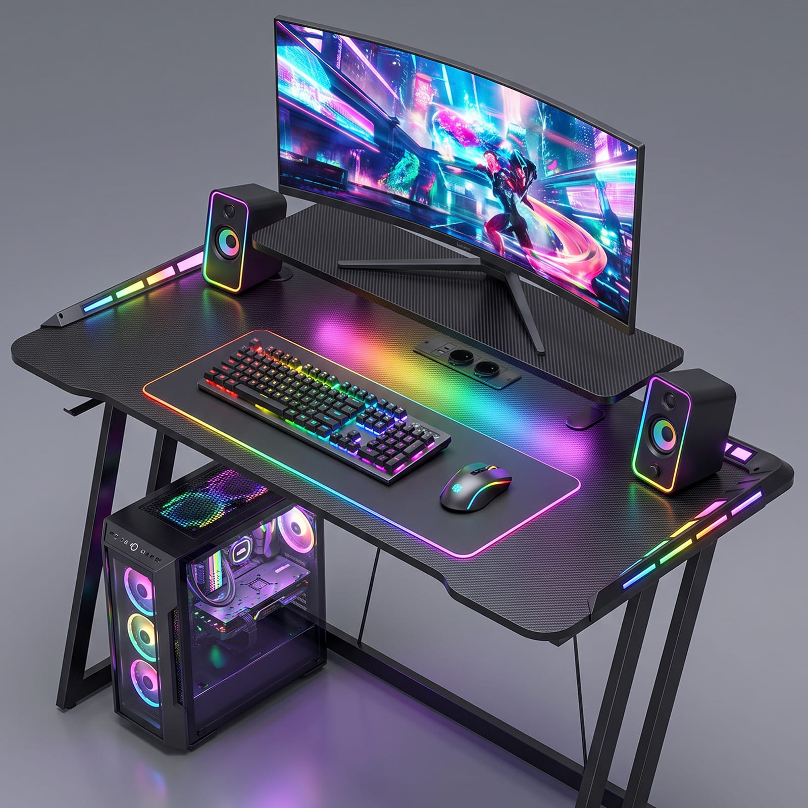 CyberCart Cybercart RGB Gaming Desk with Z-Shaped Sturdy Steel Frame & Carbon Fiber Textured Surface, Ergonomic PC Computer Desk for Gamers-Pre-Order