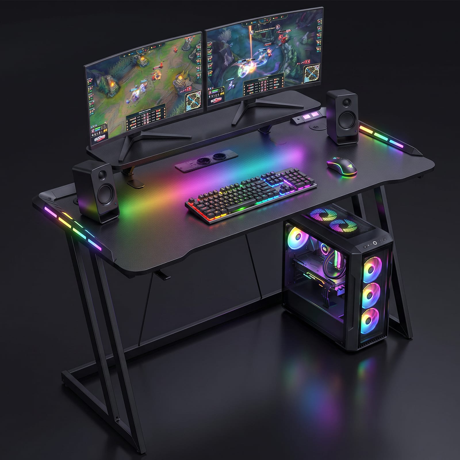 CyberCart Cybercart RGB Gaming Desk with Z-Shaped Sturdy Steel Frame & Carbon Fiber Textured Surface, Ergonomic PC Computer Desk for Gamers-Pre-Order