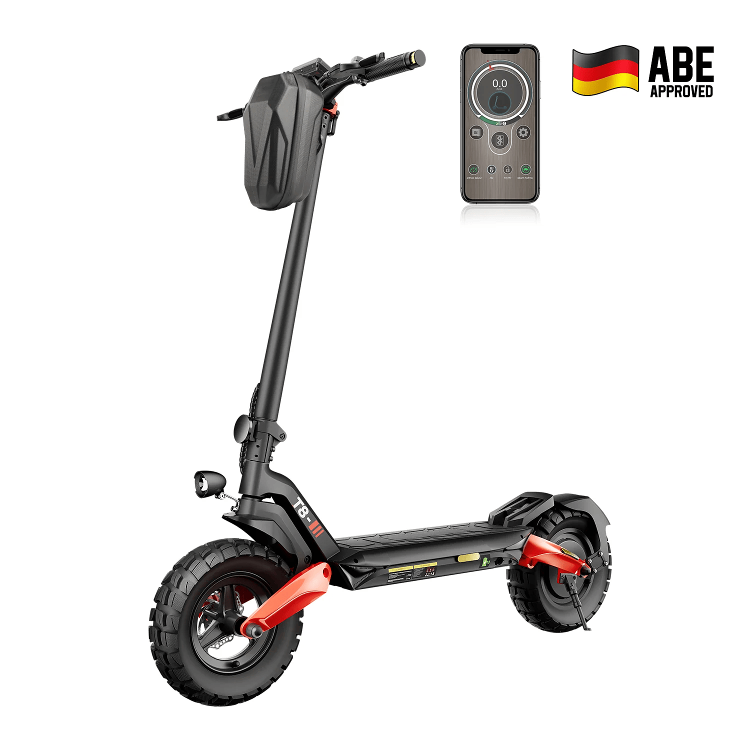 Electric Scooter 1200W T8 with ABE certification, foldable off-road adult e-scooter with 10-inch pneumatic tires, durable frame, and modern design.