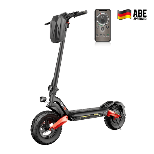 Electric Scooter 1200W T8 with ABE certification, foldable off-road adult e-scooter with 10-inch pneumatic tires, durable frame, and modern design. 1500