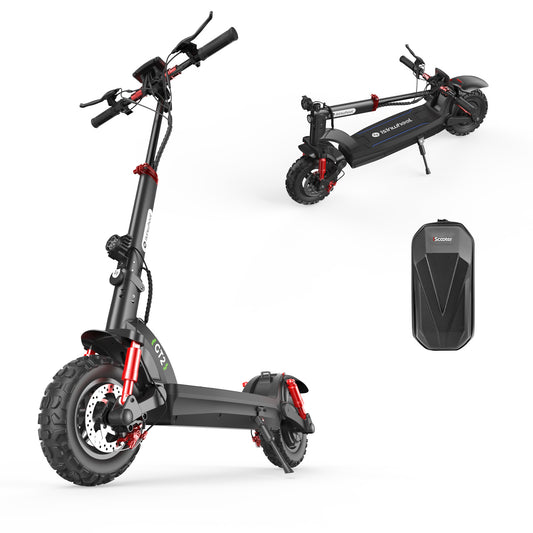 A sleek black electric scooter with red accents is shown in two positions: upright and folded. It features chunky tires and a robust frame. Also visible is a black remote control with a red "Scooter" label. 1600